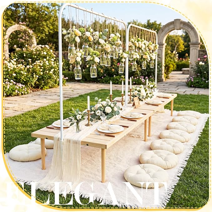 Beeveer 71x150'' Extra Large Outdoor Picnic Blanket with Beige Table Runner 12 Napkins and 12 Beige Floor Pillow Cushions for Picnic Party Camping Wedding Bachelorette Birthday Baby Shower Decor