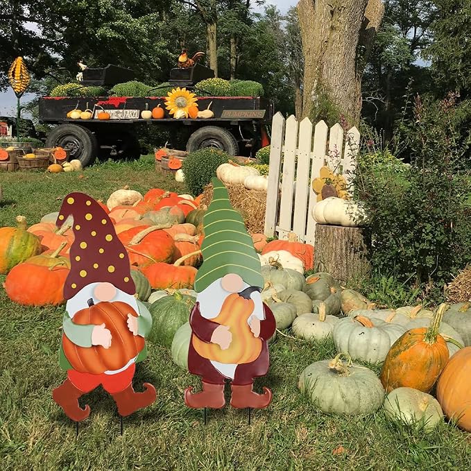 Fall Decorations for Home Outdoor, 2 Pack 25" Decorative Garden Stakes with Gnomes Pumpkin for Fall Decor, Metal Yard Signs for Outside Garden Lawn Porch Patio Thanksgiving Decorations
