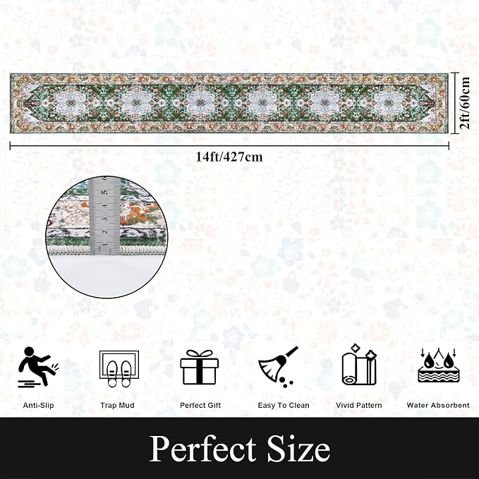 U'Artlines 2'x14' Boho Hallway Runner Rug Non Slip Washable Runners,Green | Vintage Farmhouse Kitchen Rug Accent Area Carpet for Entryway, Dining Room and Living Room