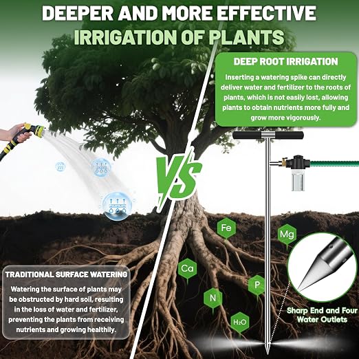 Deep Root Tree Watering Tool, Stainless Steel Tree Watering Spike with Fertilizer Bottle, Root Feeder with Brass Valve T-Handle, Irrigation System Watering Stake for Garden Orchard Shrub