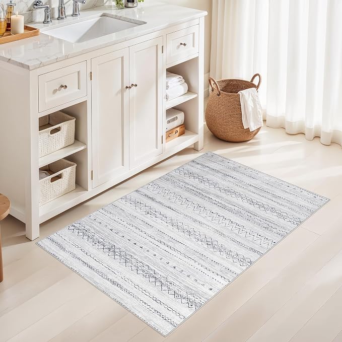 cotiled Washable 3x5 Entryway Rugs: Boho Moroccan Soft Small Rug | Solve Modern Neutral Trendy Home Decor - Low Pile Stain Resistant for Bathroom Entryway Kitchen Grey