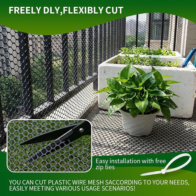 Plastic Chicken Wire Mesh Fence,Plastic Chicken Wire Roll 16in x 10ft,Garden Netting Fencing Barrier for Poultry, Animals, Pets and Balcony(Black)