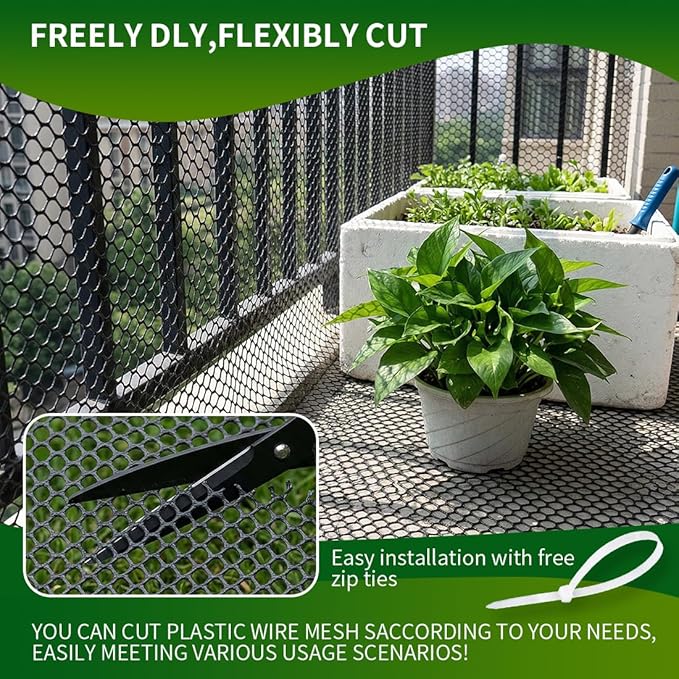 Plastic Chicken Wire Mesh Fence,Plastic Chicken Wire Roll 16in x 33ft,Garden Netting Fencing Barrier for Poultry, Animals, Pets and Balcony(Black)