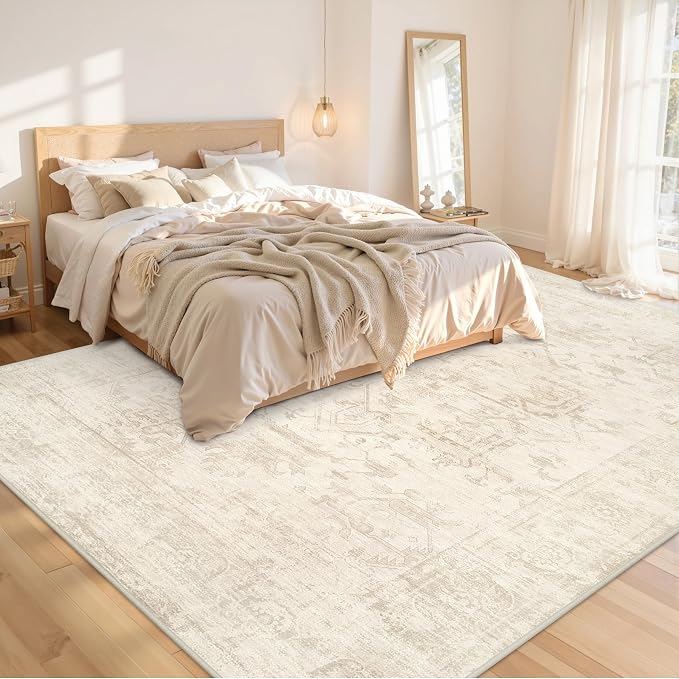 8x10 Area Rugs Living Room: Bedroom Washable Carpet Beige/Brown | Large Vintage Boho Indoor Decor Neutral Soft Nursery Farmhouse Dining Room Office Floor Non-Slip Low Pile Under Table Rug