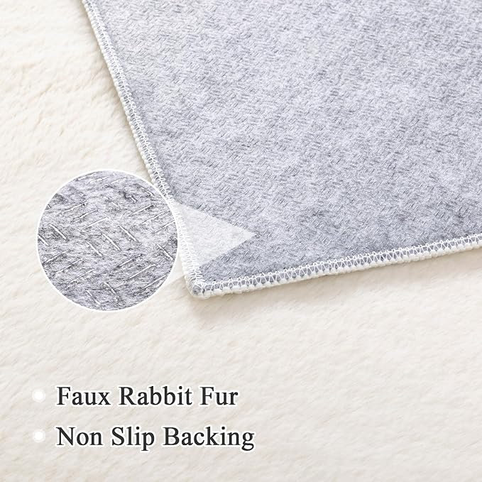 SHACOS 5x7 Ultra Soft Faux Rabbit Fur Area Rug, Non Slip Machine Washable Living Room Rugs, Fluffy Cozy Indoor Modern Carpet for Bedroom Dining Room Table Kids Room Dorm Floor Mats, Cream