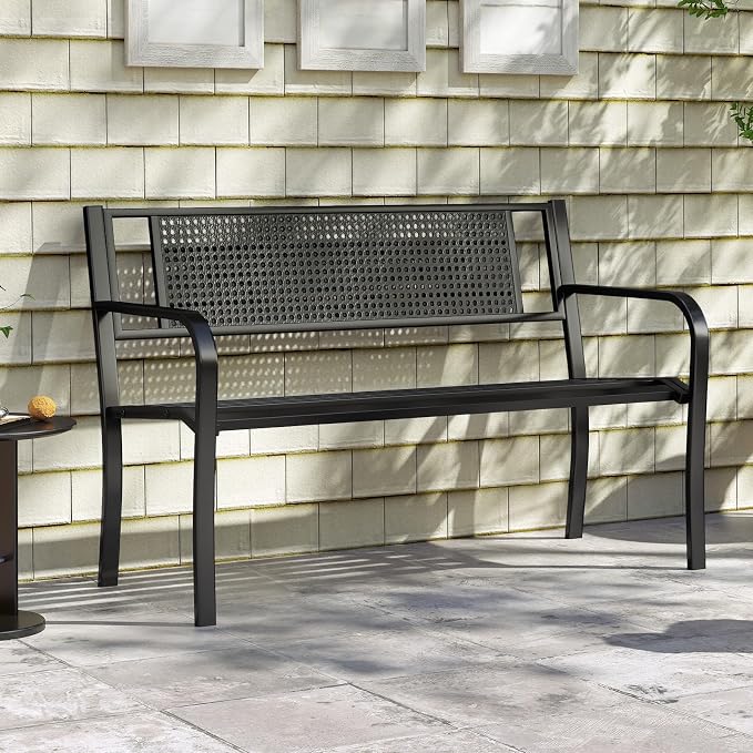 Tangkula Metal Patio Park Bench, 50 Inches Outdoor Garden Bench with Patterned Backrest and Curved Armrests, 2-3-Person Patio Bench, Outdoor Metal Loveseat Chair for Porch, Lawn, Park