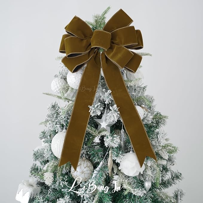 13" Khaki Pre-Tied Velvet Bow for Christmas Tree, Rustic Bow for Wreaths, Wedding, Premade Bows with Twist Tie, Tree Toppers Bows for Party Favor, Christmas Home Indoor Outdoor Decor-1 PCs