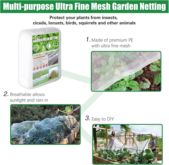 SnugNiture 3 Pack Garden Netting 8x24FT Ultra Fine Mesh Mosquito Netting Plant Covers, White Bird Netting Barrier Greenhouse Row Cover Protect Fruits Flower Vegetables from Birds Deer & Squirrels