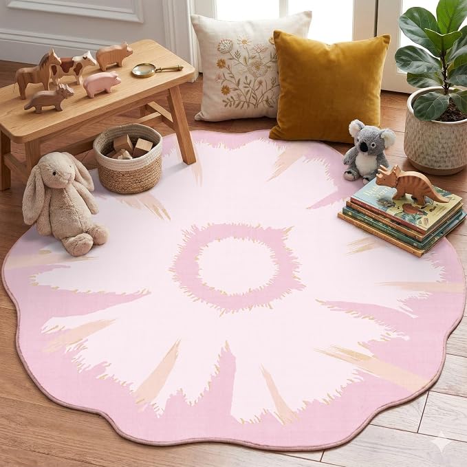 Latte&Fog 4ft Pink Round Area Rug for Girl Bedroom Washable Cute Circle Rug | Non Slip Low Pile Soft Floral Small Carpet for Kids Playroom Nursery Classroom Dorm Decor Dining Kitchen Farmhouse Office