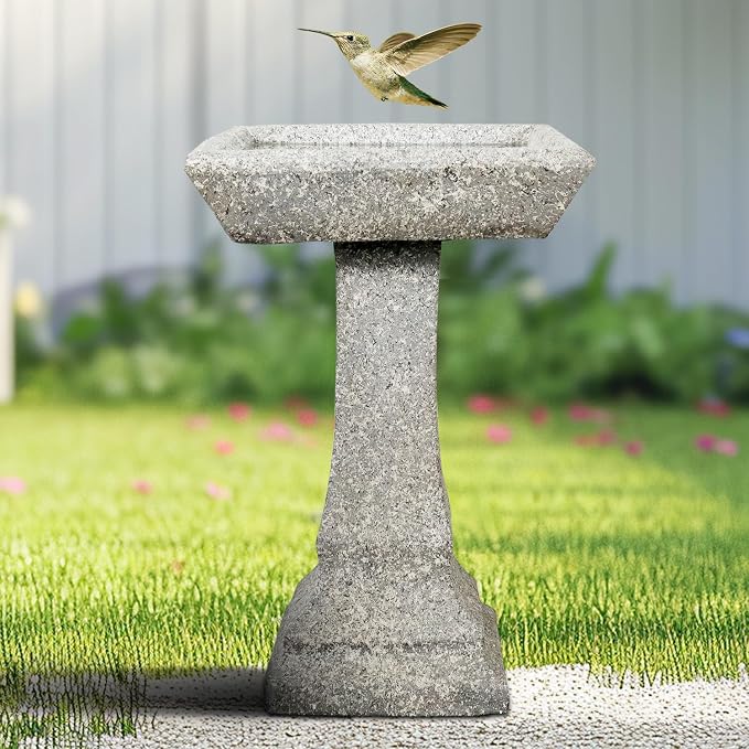 SKYFIRE Freestanding Birdbaths Outdoor - 15”Dia.X 22.8”Tall Concrete Standing Garden Bird Bath Feeder Bowl with Pedestal, Modern Outdoor Birdbath for Patio, Yard, Lawn Decor and Bird Bathing&Feeding