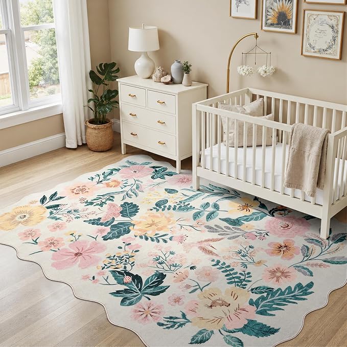 DCX Vintage Floral Washable Area Rug 4x6, Non Slip Low Pile Rug, Pink | Rugs for nursery bedroom, living room, bedroom, office, soft, kid & pet friendly, sain resistant indoor carpet, home decor