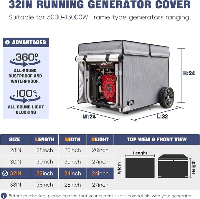 32x24x24 Inch Generator Cover. 900D+210D Double Layer Waterproof Oxford Fabric. Snow/UV/Wind Proof Generator Cover,Fits Most 5000W-13000W Frame Generator. Gray.