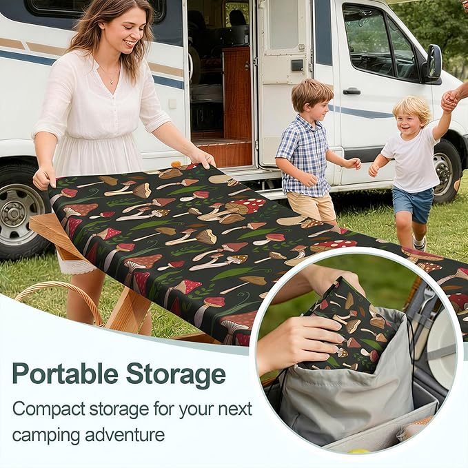 Play Tailor Picnic Table Cover with Bench Covers Camping Essentials Waterproof Windproof Camping Tablecloth with Drawstring Bag, Fitted Rectangle Tables and Seats, 72in, Black Red