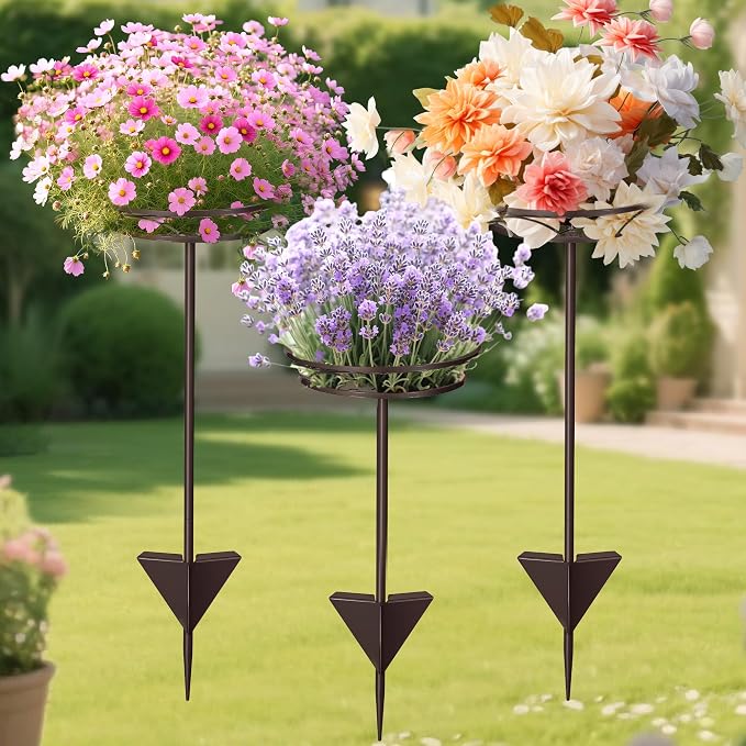 Tellingyou 3 Pack Adjustable Outdoor Flower Pot Stand, Metal Outdoor Plant Stands, Spring Summer Versatile Plant Stand Garden Stake for Display Plants, Elegant Solution for Landscaping Decor (Brown)
