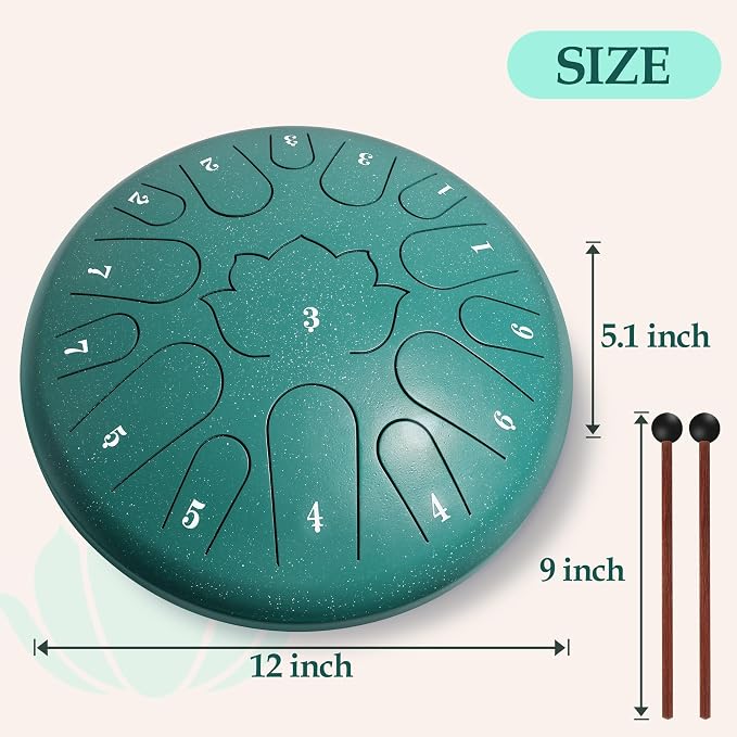 Handpan Drum, 15 Notes 12 Inch Steel Tongue Drum with Music Book Tongue Drums Gift Rain Drum Mallet, and Carry Bag(Malachite, 12 Inch)