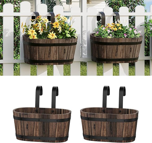2PACK Wood Cute Railing Planter Box Wooden Hanging Flower Pots for Railing Fence Outdoor Plants Wall Planters Window Flower Box Hanging Bucket Pots Countryside plant Holder (Carbonized,2pcs,Small)