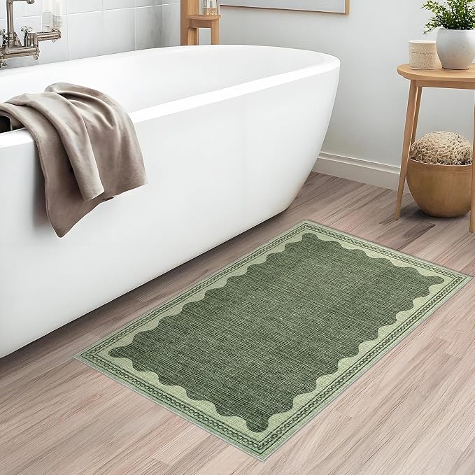 2x3 Scalloped Area Rugs Green Washable Entryway Bedroom Rug | Solid Small Area Rug Non Slip Scalloped Bath Mat, Front Door Mat Indoor Entrance,Soft Girls Nursery Dorm Carpet for Kitchen
