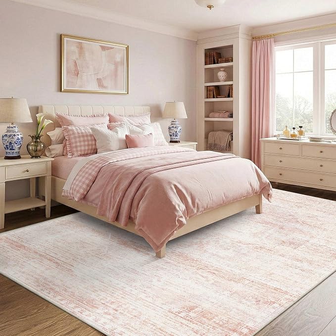 Latte&Fog Large Area Rugs 9x12 for Living Room Washable Cute Pink Rugs | Non Slip Low Pile Soft Floral Carpet for Girls Bedroom Dining Kitchen Kids Playroom Nursery Classroom Dorm Farmhouse Office