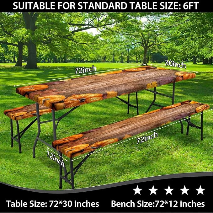 Picnic Table Cover with Bench Covers Elastic Edges, Outdoor Patio Camping Essentials 60 Inch 3PCS, Camper Fitted Table Cover, Waterproof Rectangle Tablecloth with Drawstring Bag,Pumpkin