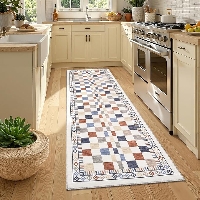 GarveeHome 2x10 Runner Rug for Kitchen Bathroom Colorful Modern Checkered | Long Rug for Bedroom Machine Contemporary Abstract Washable Carpet Low Pile Non-Slip Easy-Clean Soft Runner for Hallway Porch