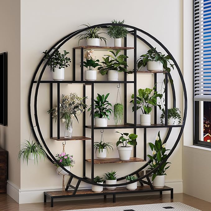 VINGLI Plant Stand with Grow Light, 63" Tall Plant Shelf Indoor with 5 LED Light, Large Tiered Plant Stand for Indoor Growing, Full-Moon Round Metal Display Shelves, Modern Flower Rack for Living Room, Balcony & Office, Black