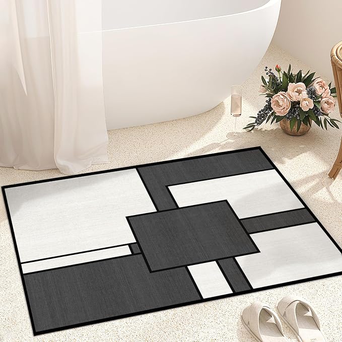 Black and White Entryway Area Rug 2x3 Geometric Small Rug for Entry | Machine Washable Geometric Door Mat Low Pile Abstract Rugs Non-Slip Carpet for Entry Bedroom Kitchen Bathroom Laundry