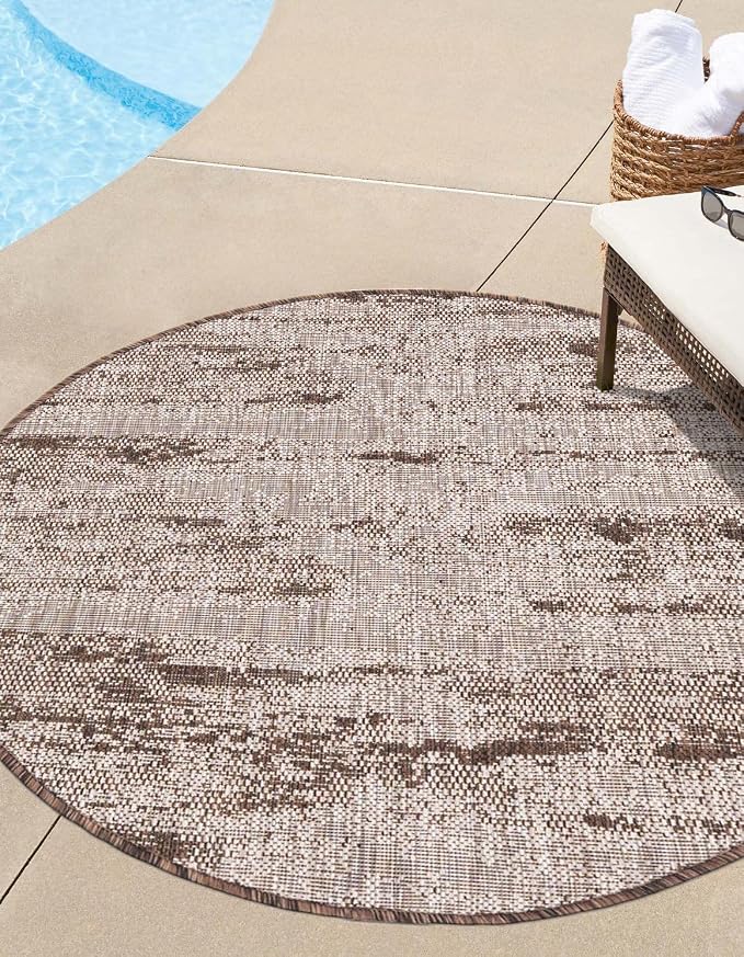 Unique Loom Outdoor Modern Collection Area Rug - Cartago (10' Round, Brown/ Ivory)