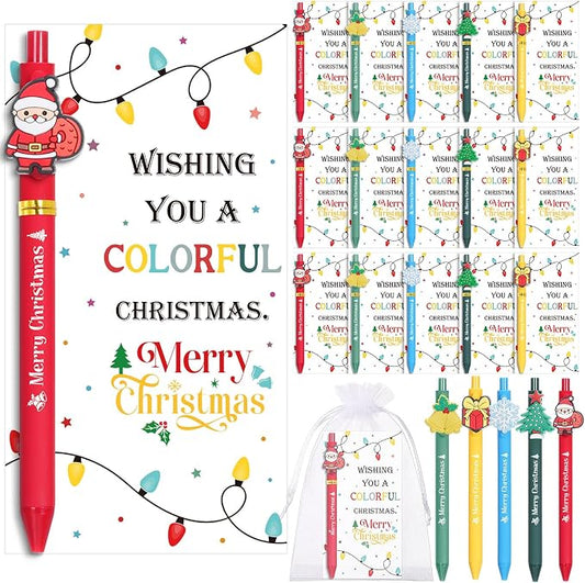 Marspark 30 Set Colorful Christmas Gifts Bulk Christmas Ballpoint Pens and Greeting Cards Set with Bag Twist Ties for Employee Coworker Teacher Student School Office Home Party Favor