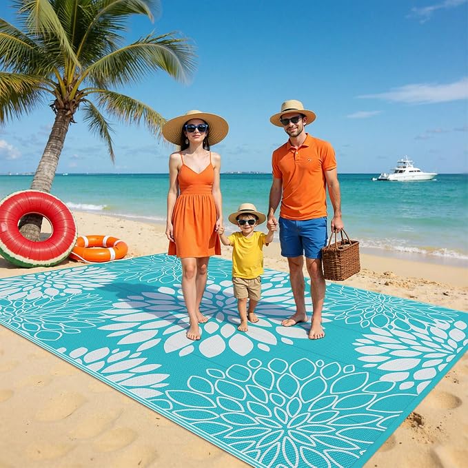 Ileading Waterproof Outdoor Rug 6x9, Reversible Plastic Straw Patio Rug, Portable Indoor Outdoor RV Camping Mat Carpet for Deck, Porch, Balcony, Backyard, Picnic, Floral Teal