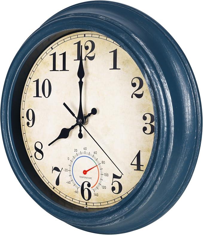 Outdoor Clock Waterproof with Thermometer Wall Clock for Patio Pool Bathroom Kitchen 12 Inch Blue