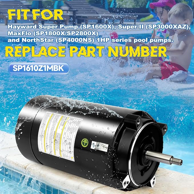 SP1610Z1MBK Pool Pump Motor 1HP 56J Frame Replacement for Hayward Pump | 115/230V Dual Voltage, 3450 RPM, 7.5/15A, 1045 Steel Threaded Shaft, Pool Motor