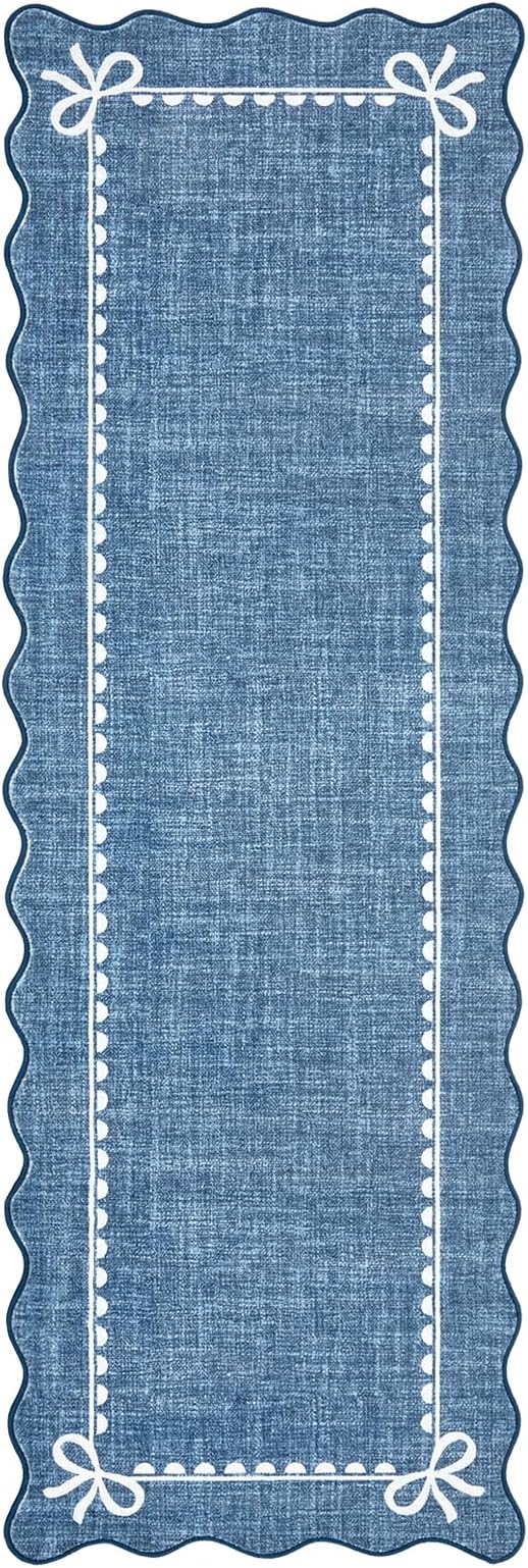GarveeHome Scalloped Hallway Runner Rug 2.5x10 Non Slip Dark Blue Rugs | Washable Bow Rug for Girls Bedroom Dorm Nursery Entyrway Kitchen, Soft Low Pile Ultra-Thin Stain Resistant Indoor Carpet