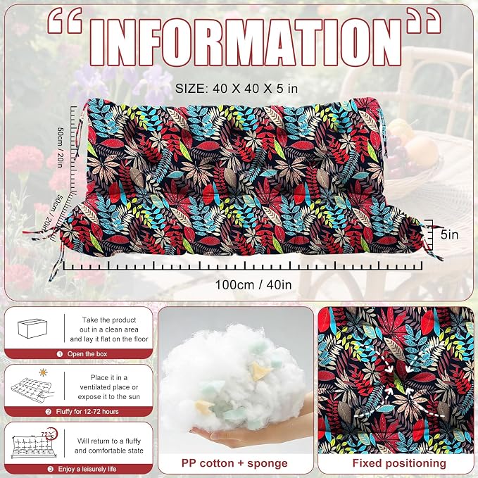 Porch Swing Cushions 2 Seater Replacement Thicken 5" Waterproof & Fade Resistant Swing Cushions for Outdoor Furniture Bench Patio Swing Cushion with Backrest & Ties(Black Floral 40x40x5inch)