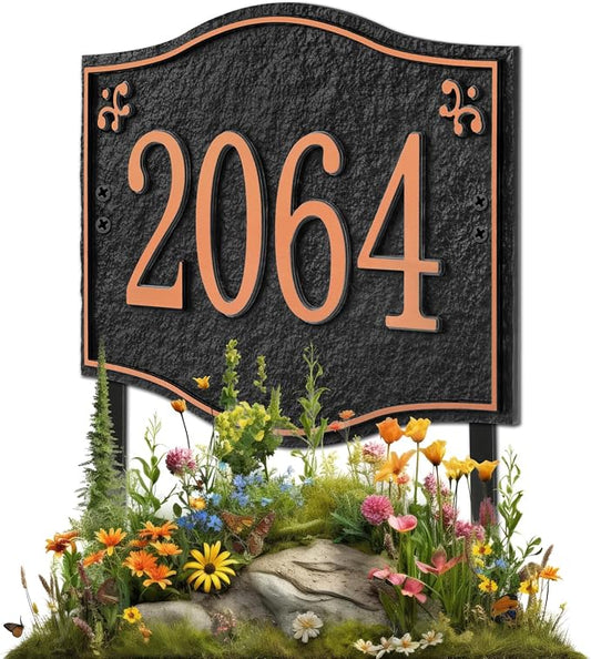 Personalized Address Plaque Sign - LAWN MOUNTED, House Address Signs for Outside Use for House,Apartment,Office,Yard (Black/Red Copper)