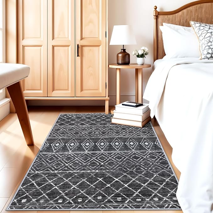 3x5 Washable Moroccan Area Rug: Ultra Soft Low Pile Non Slip Rugs Black | Modern Geometric Printed Indoor Floor Mat - Carpet for Living Room Bedroom Entryway Kitchen Home Decor