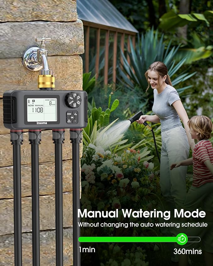 Insoma 4 Zones Sprinkler Timer with Brass Inlet, Water Timer for Garden Hose with Auto/Manual/Rain Delay Mode, Hose Timers for Irrigation Watering System for Yard, Lawn, Plant Watering