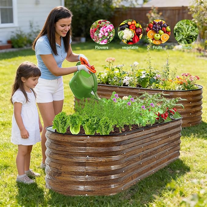 Galvanized Raised Garden Bed Outdoor- 6x2x1.4ft Oval Steel Raised Beds for Gardening, Metal Planter Box with Protective Strip and Gloves for Vegetables, Flowers, Fruits (Brown)