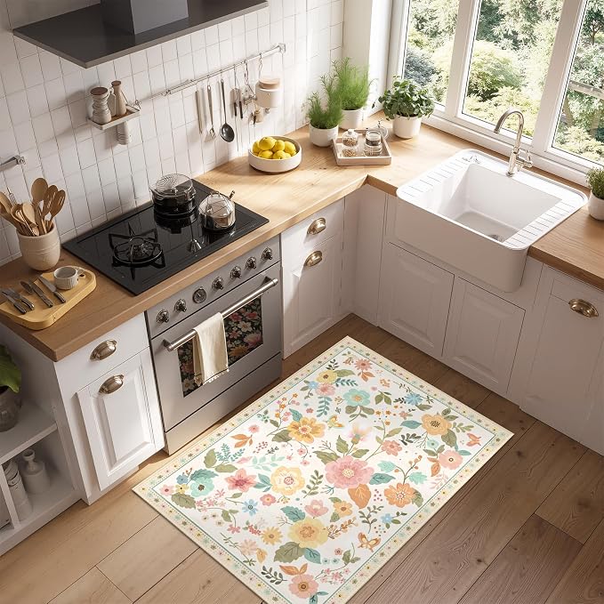 RELEANY Floral Washable 2x3 Area Rugs Doormat Beige/White/Orange | Flower Carpet, Print, Boho, Non-Slip, Easy to Clean, Soft, Low Pile for Living Room Bedroom Kitchen Office Entryway Hallway
