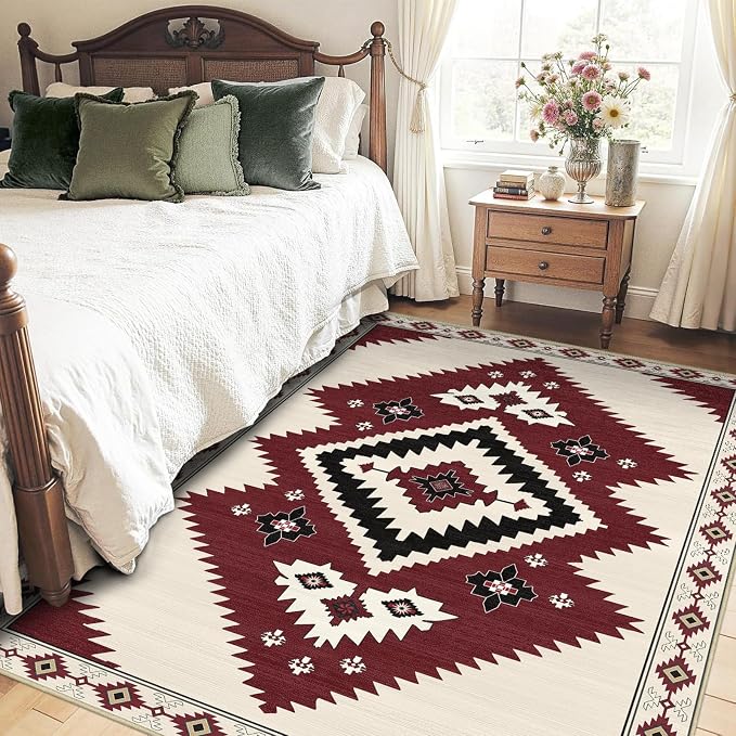 5x7 Area Rug Western Rugs for Living Room Southwest Aztec Rug | Washable Southwestern Navaj Tribal Rugs Low Pile Non-Slip Floor Carpet for Dining Room Bedroom Kitchen Office, Beige Red