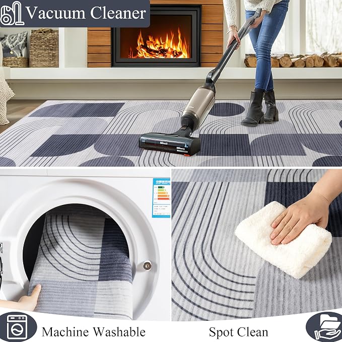 Soft Modern Geometric Abstract Machine Washable Large 8x10 Area Rug | Grey Rugs for Bedroom Living Room, Non-Shedding Faux Wool Indoor Throw Floor Carpet for Office Entryway Dining Room Decor