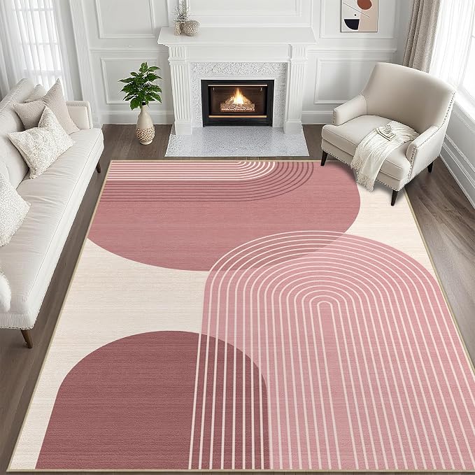 9x12 Large Area Rug for Living Room Boho Rug Bohemian Rugs Machine Washable Modern Geometric Rug Non Slip Printed Low Pile Indoor Floor Carpet for Dining Room Bedroom Office,Pink