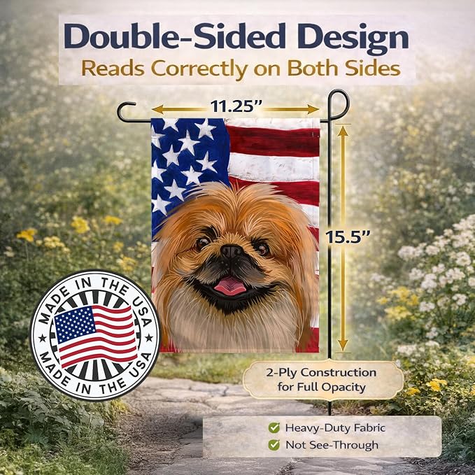 Caroline's Treasures CK6639GF Pekingese Dog American Flag Garden Flag Mailbox Flag Decorative Yard Flag Banner Outside Patio Artwork Yard Flower Beds, Garden Size, Multicolor