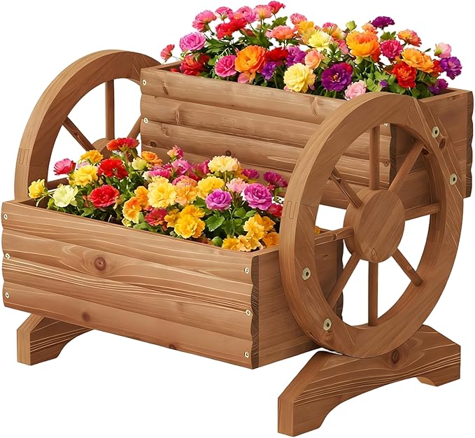 Wooden Wagon Planter Outdoor Flower Cart with Wheels Garden Planter, Decor Planter for Patio Decoration Succulent Flower Pot for Indoor Backyard Yard Decor Porch Balcony Planters (Brown, Medium)