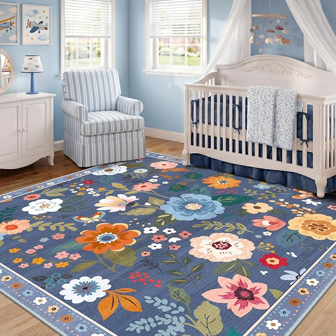 RELEANY Floral Washable Square 6ft Area Rug Blue/Grey | Flower Carpet, Print, Boho, Non-Slip, Easy to Clean, Soft, Low Pile for Living Room Bedroom Kitchen Office Entryway Hallway