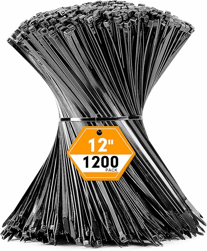 RAZCC 1200pcs Black Cable Zip Ties 12 Inch, Heavy Duty Plastic Nylon Tie Wraps with 50lb Tensile Strength for Indoor & Outdoor