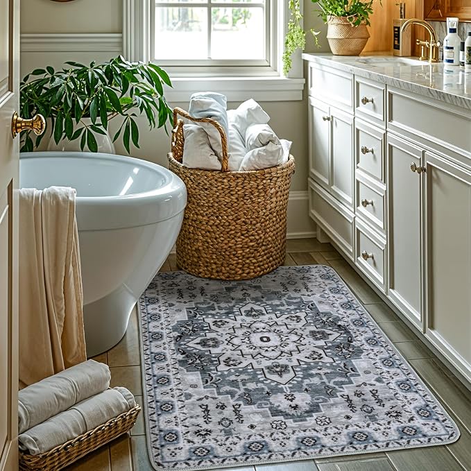LBRO2M Machine Washable Rug Soft Pet Friendly Carpet 2X3 Dusty Blue | Persian Rug 2X3 for Entryway, Kitchen, Bathroom Non Slip Carpet, Foldable Stain Resistant Rugs