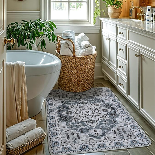 LBRO2M Machine Washable Rug Soft Pet Friendly Carpet 2X3 Dusty Blue | Persian Rug 2X3 for Entryway, Kitchen, Bathroom Non Slip Carpet, Foldable Stain Resistant Rugs