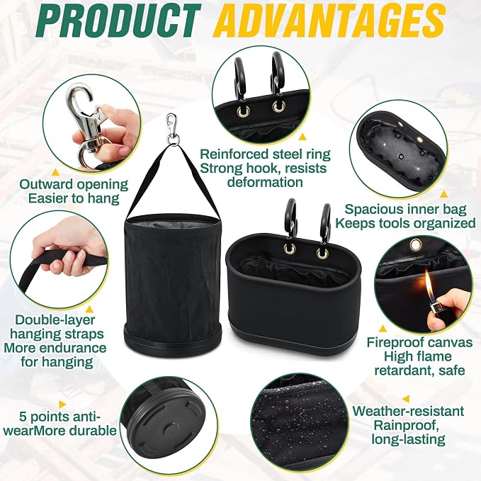 2 Pack Canvas Bucket and Oval Tool Bag, Bucket Tool Organizers with Plastic Bottom Metal Hook for Lineman Organizing Accessories