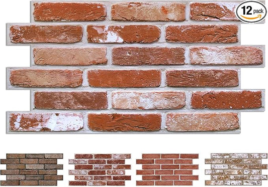 COMSTICKC 3D Red Faux Brick Wall Panel Peel and Stick Wall Covering, 12 Pcs of 22.8" x 11.8", 3D Brick Wall Stickers, UrltraLight PVC Self Adhesive Brick Decorative Tile Interior, Covers 22.48 sq.ft