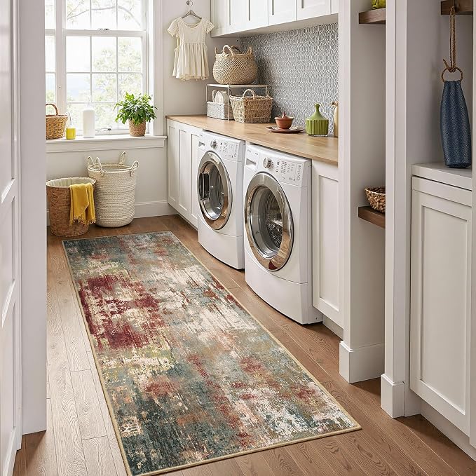RELEANY Washable Runner 2'x10' Abstract Area Rug for Hallway Rustic Brown | Carpet for Kitchen, Entryway, Bathroom, Living Room, Bedroom, Printed Pattern, Non‑Slip, Soft, Stain‑Resistant, Easy to Clean